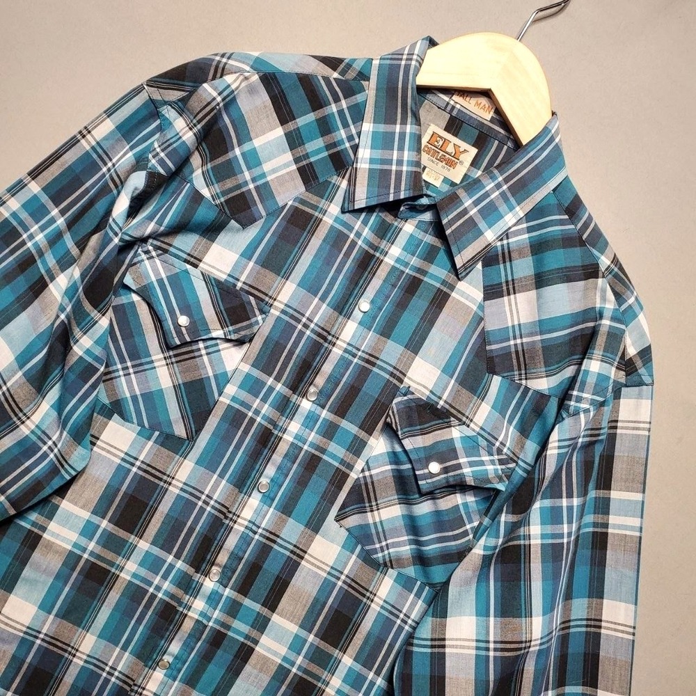 VTG Ely Cattleman Tall Man Pearl Snap Shirt‎ Mens LT Blue Plaid Western Cowboy